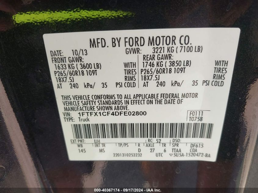 2013 Ford F-150 Xlt VIN: 1FTFX1CF4DFE02800 Lot: 40367174