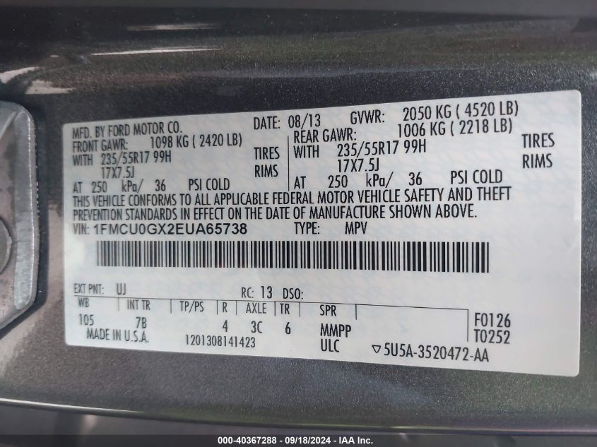 1FMCU0GX2EUA65738 2014 Ford Escape Se