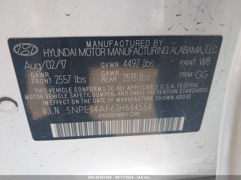 2018 HYUNDAI SONATA SEL - 5NPE34AF6JH634554