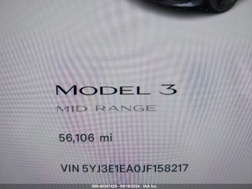 2018 Tesla Model 3 Long Range/Mid Range VIN: 5YJ3E1EA0JF158217 Lot: 40367429