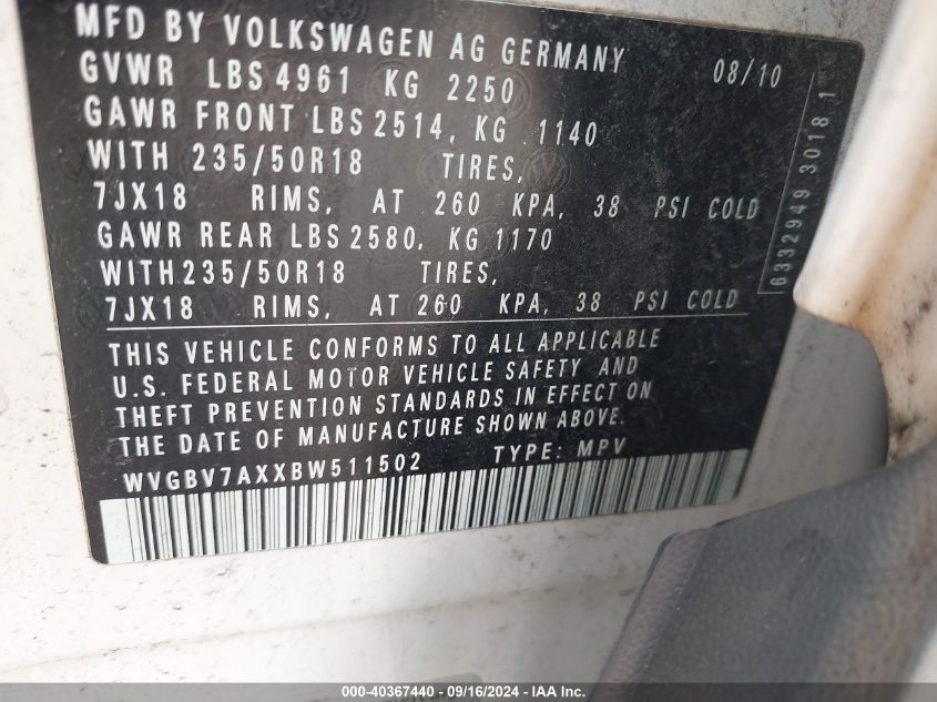 2011 Volkswagen Tiguan Sel VIN: WVGBV7AXXBW511502 Lot: 40367440