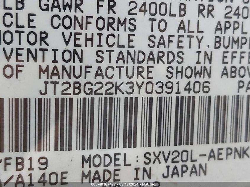 JT2BG22K3Y0391406 2000 Toyota Camry Le