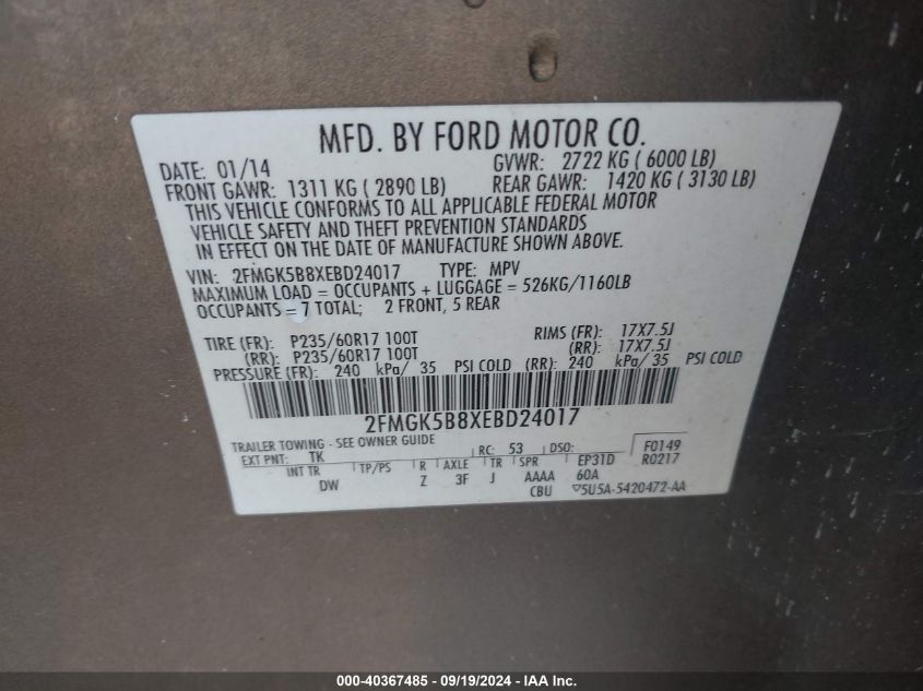 2FMGK5B8XEBD24017 2014 Ford Flex Se