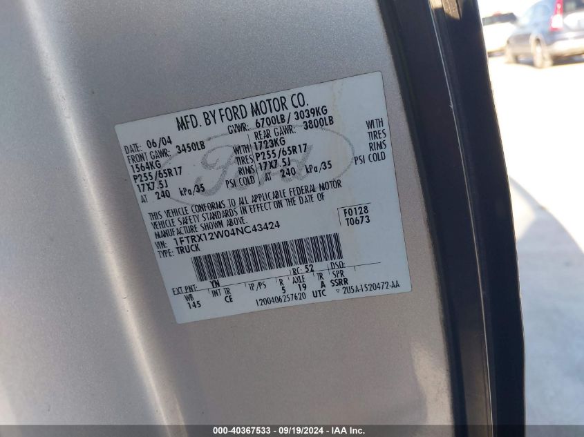 2004 Ford F-150 Stx/Xl/Xlt VIN: 1FTRX12W04NC43424 Lot: 40367533