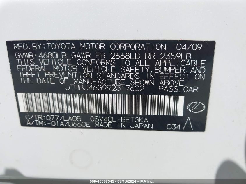 JTHBJ46G992317602 2009 Lexus Es 350