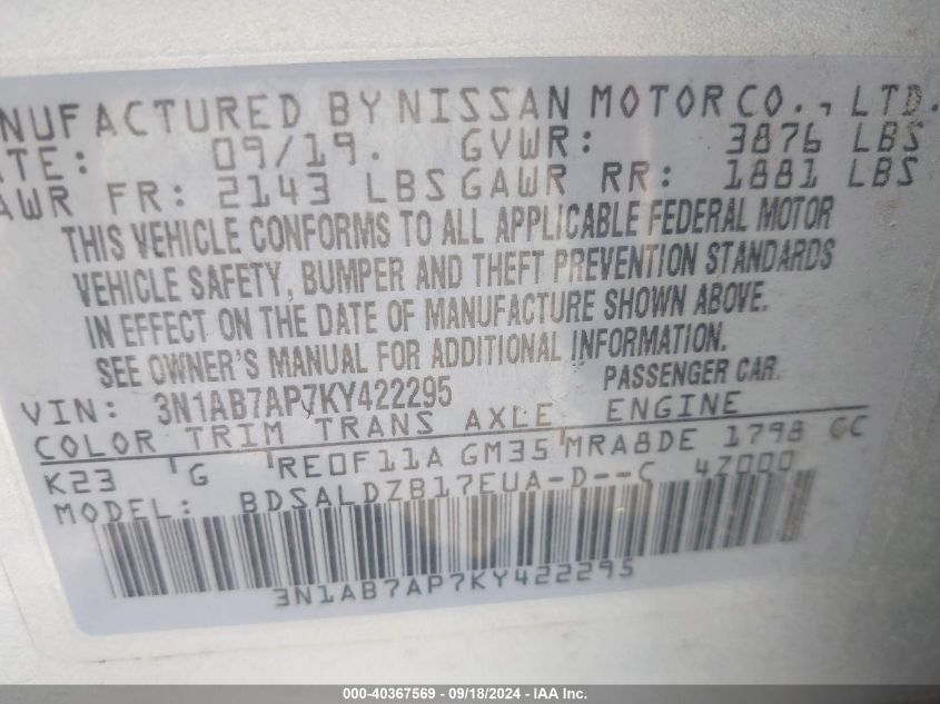 3N1AB7AP7KY422295 2019 Nissan Sentra Sv