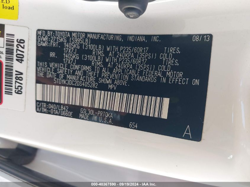 5TDYK3DC2DS405282 2013 Toyota Sienna Xle V6 8 Passenger