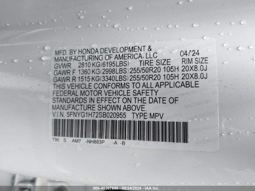 VIN 5FNYG1H72SB020955 2025 Honda Pilot, Touring no.9