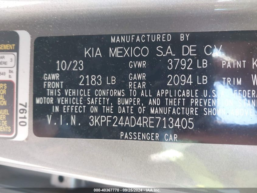 2024 Kia Forte Lxs VIN: 3KPF24AD4RE713405 Lot: 40367770