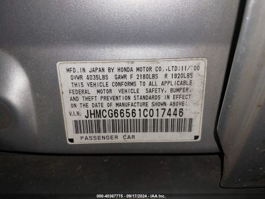 JHMCG66561C017446 2001 Honda Accord 2.3 Lx