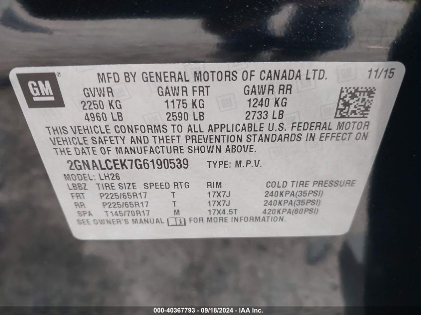 2016 Chevrolet Equinox Lt VIN: 2GNALCEK7G6190539 Lot: 40367793