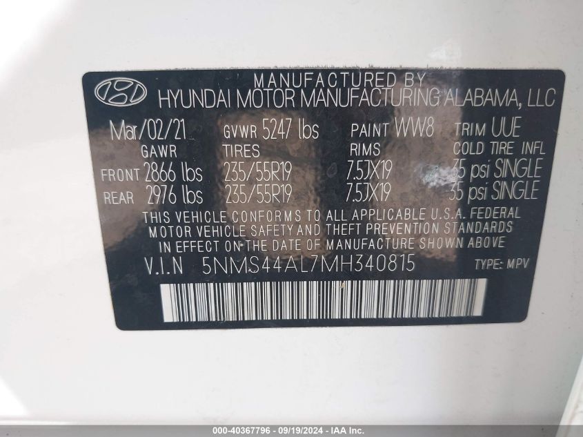 2021 Hyundai Santa Fe Limited VIN: 5NMS44AL7MH340815 Lot: 40367796