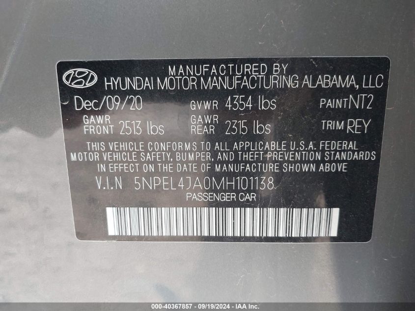 5NPEL4JA0MH101138 2021 Hyundai Sonata Sel