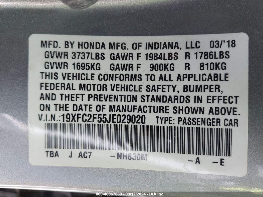 2018 Honda Civic Lx VIN: 19XFC2F55JE029020 Lot: 40367869