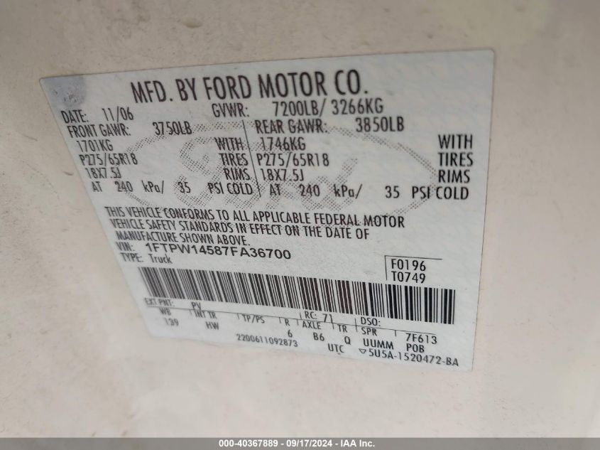 1FTPW14587FA36700 2007 Ford F-150 Fx4/Lariat/Xlt