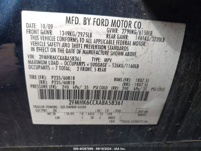 2FMHK6CCXABA58361 2010 Ford Flex Sel