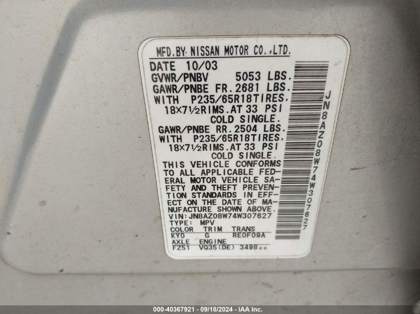 JN8AZ08W74W307627 2004 Nissan Murano Sl