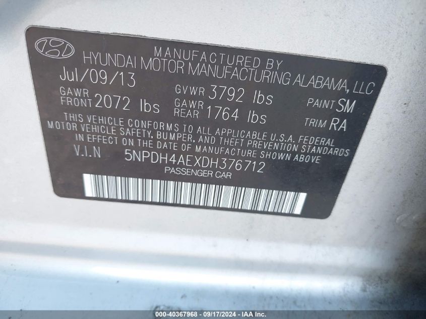 5NPDH4AEXDH376712 2013 Hyundai Elantra Gls