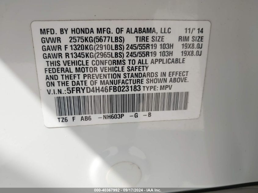 2015 Acura Mdx Technology Package VIN: 5FRYD4H46FB023183 Lot: 40367992