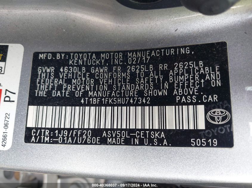 4T1BF1FK5HU747342 2017 Toyota Camry Se