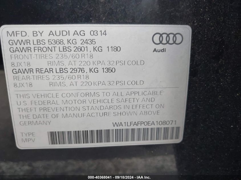 2014 Audi Q5 Premium Plus VIN: WA1LFAFP0EA108071 Lot: 40368041