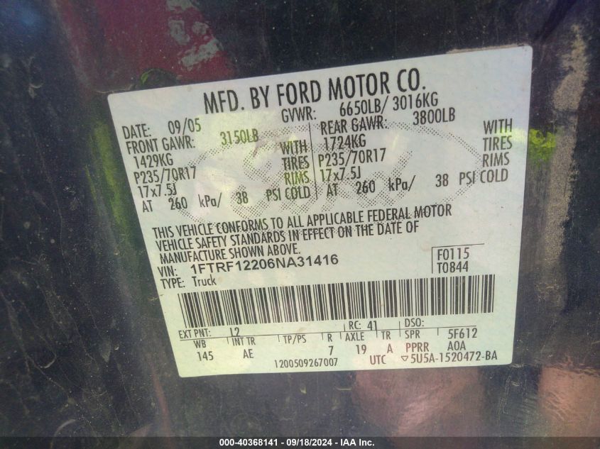 1FTRF12206NA31416 2006 Ford F-150 Stx/Xl/Xlt