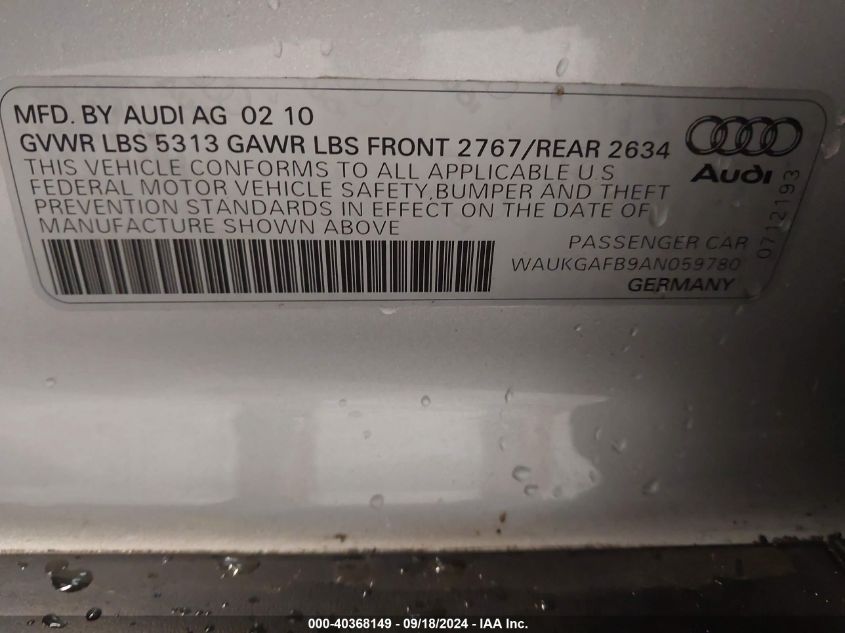 WAUKGAFB9AN059780 2010 Audi A6 3.0 Premium