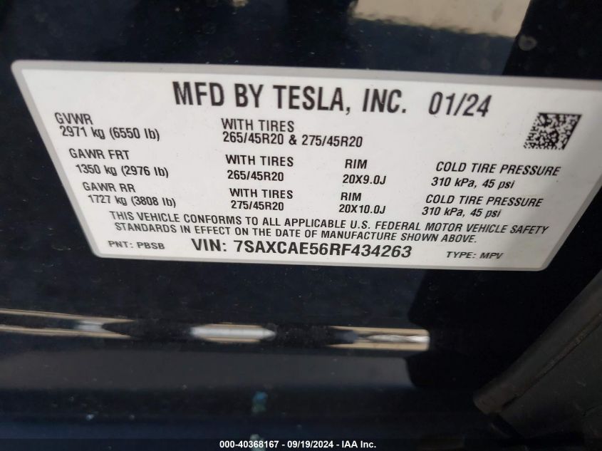 2024 Tesla Model X Long Range VIN: 7SAXCAE56RF434263 Lot: 40368167