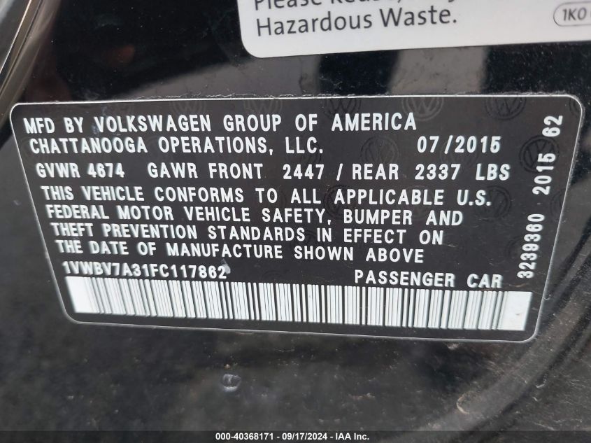 2015 VOLKSWAGEN PASSAT 2.0L TDI SE - 1VWBV7A31FC117862