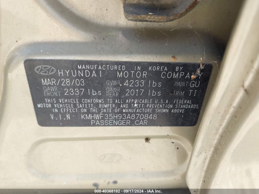 KMHWF35H93A870848 2003 Hyundai Sonata Gls/Lx