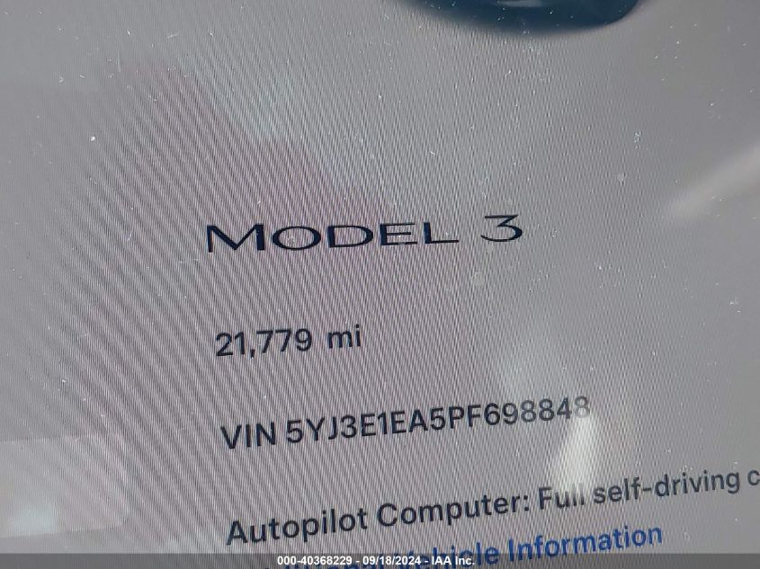 2023 Tesla Model 3 VIN: 5YJ3E1EA5PF698848 Lot: 40368229