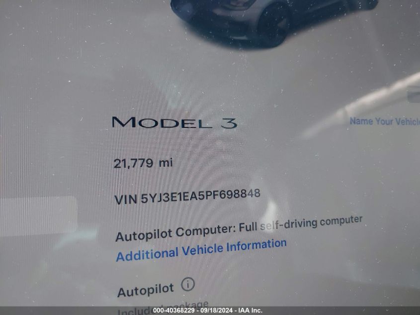 2023 Tesla Model 3 VIN: 5YJ3E1EA5PF698848 Lot: 40368229