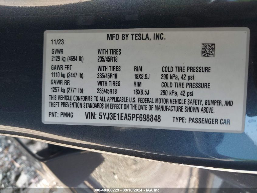 2023 Tesla Model 3 VIN: 5YJ3E1EA5PF698848 Lot: 40368229