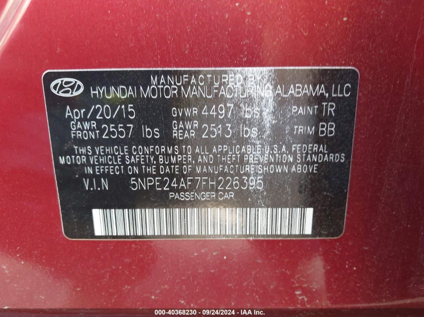 5NPE24AF7FH226395 2015 Hyundai Sonata Se