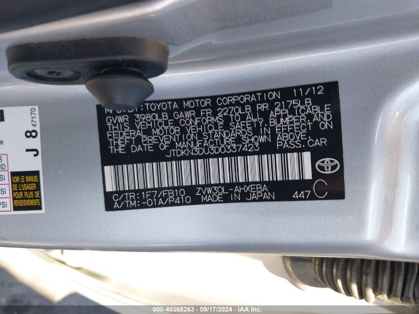 2013 Toyota Prius Three VIN: JTDKN3DU3D0337423 Lot: 40368263