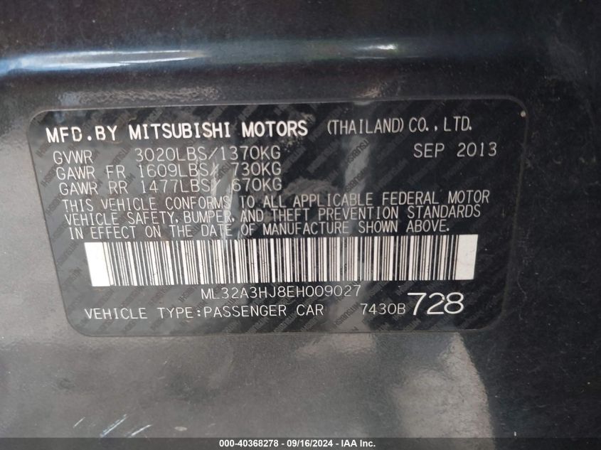 ML32A3HJ8EH009027 2014 Mitsubishi Mirage De