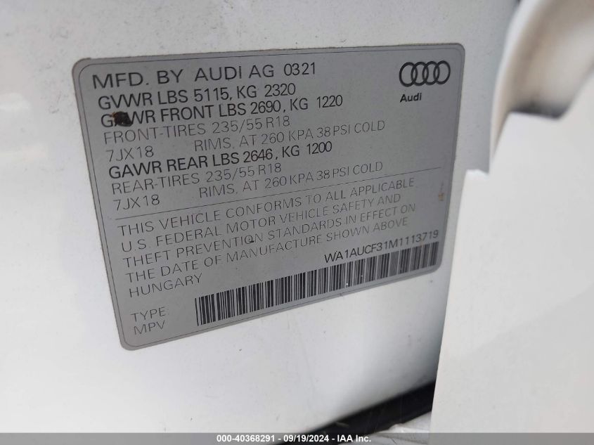 2021 Audi Q3 Premium 40 Tfsi Quattro Tiptronic VIN: WA1AUCF31M1113719 Lot: 40368291