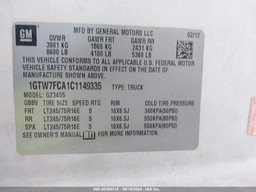 1GTW7FCA1C1149335 2012 GMC Savana 2500 Work Van