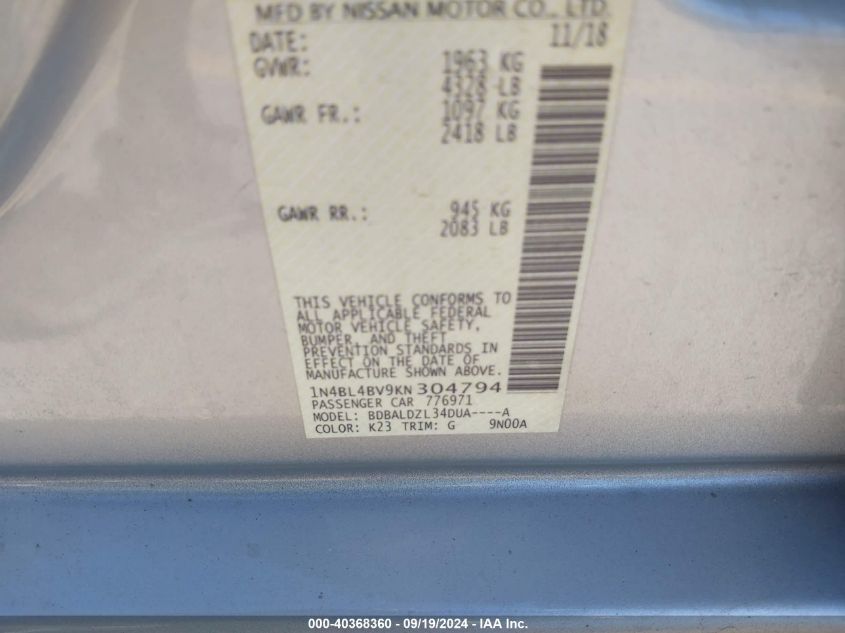 2019 Nissan Altima 2.5 S VIN: 1N4BL4BV9KN304794 Lot: 40368360