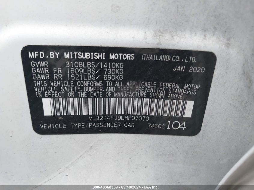 ML32F4FJ9LHF07070 2020 Mitsubishi Mirage G4 Se/G4 Le