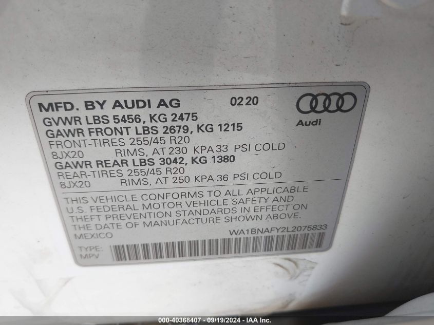 2020 Audi Q5 Premium Plus 45 Tfsi Quattro S Tronic VIN: WA1BNAFY2L2075833 Lot: 40368407