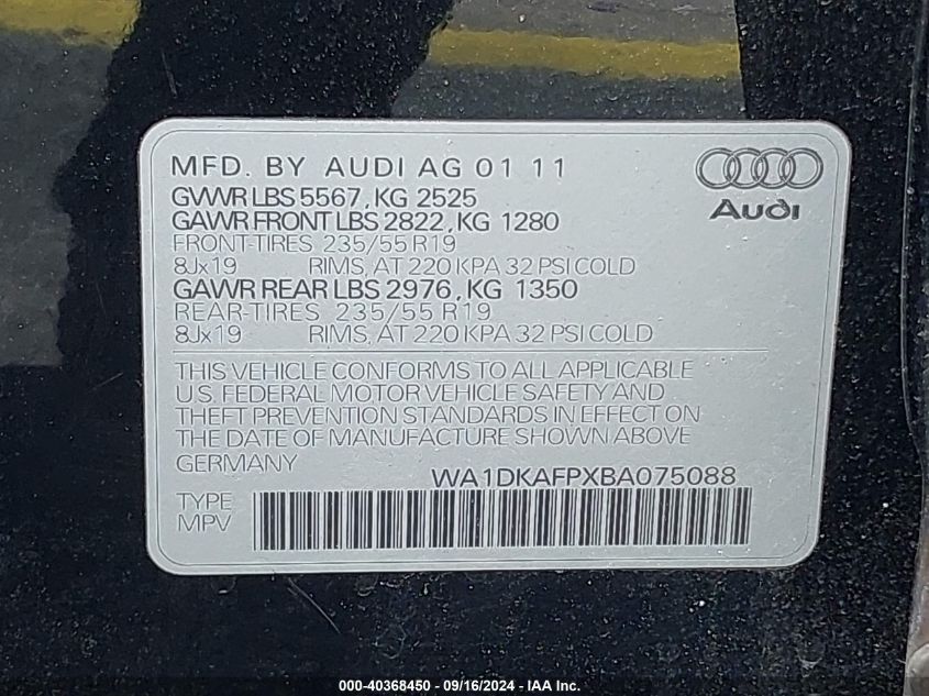 2011 Audi Q5 3.2 Premium Plus VIN: WA1DKAFPXBA075088 Lot: 40368450