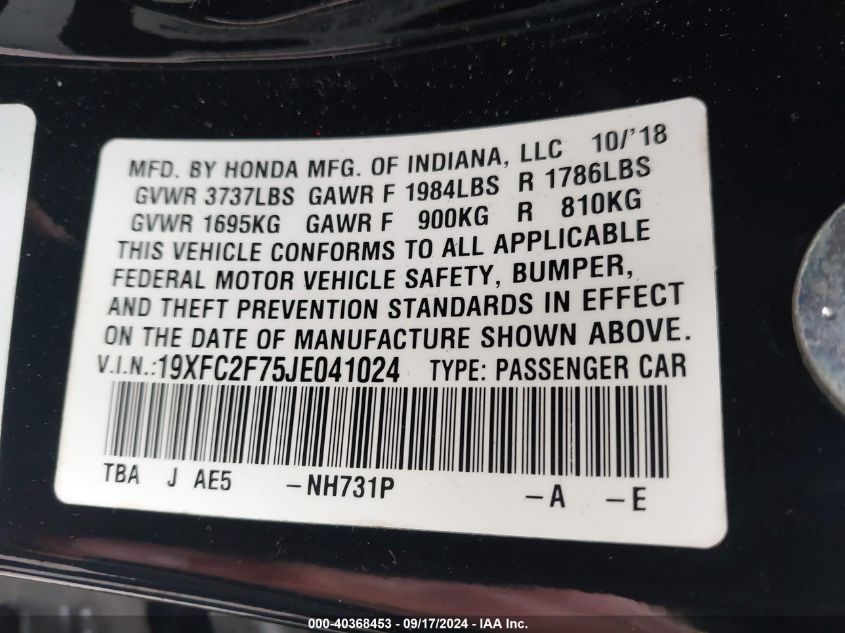 2018 Honda Civic Ex VIN: 19XFC2F75JE041024 Lot: 40368453