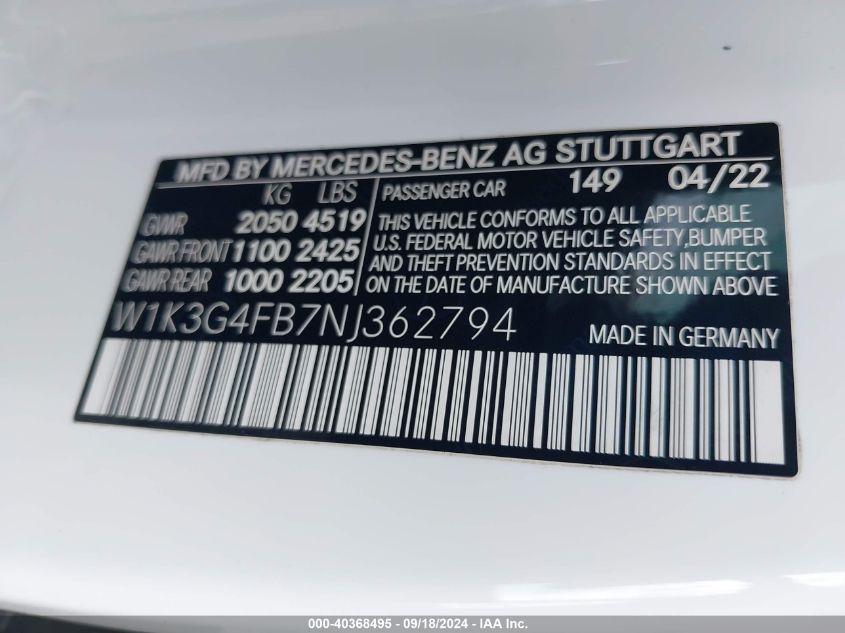 2022 Mercedes-Benz A 220 4Matic VIN: W1K3G4FB7NJ362794 Lot: 40368495