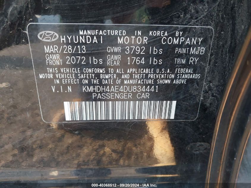 2013 Hyundai Elantra Limited VIN: KMHDH4AE4DU834441 Lot: 40368512