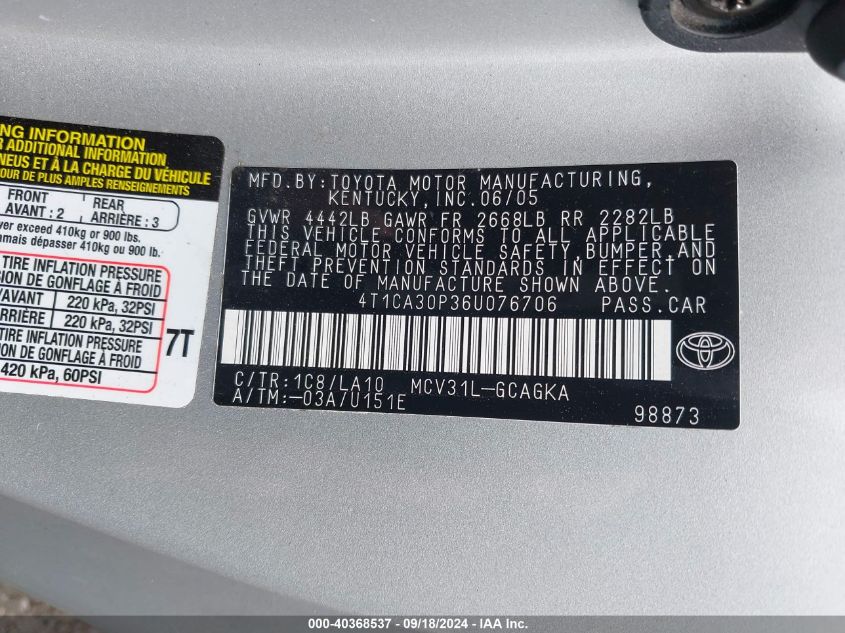 4T1CA30P36U076706 2006 Toyota Camry Solara Se/Sle