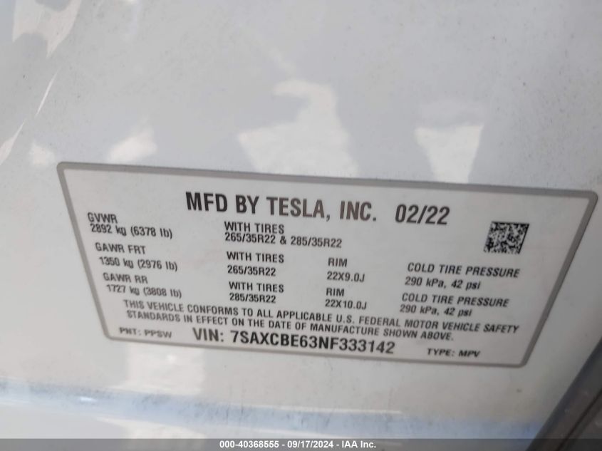 2022 Tesla Model X Plaid Tri Motor All-Wheel Drive VIN: 7SAXCBE63NF333142 Lot: 40368555