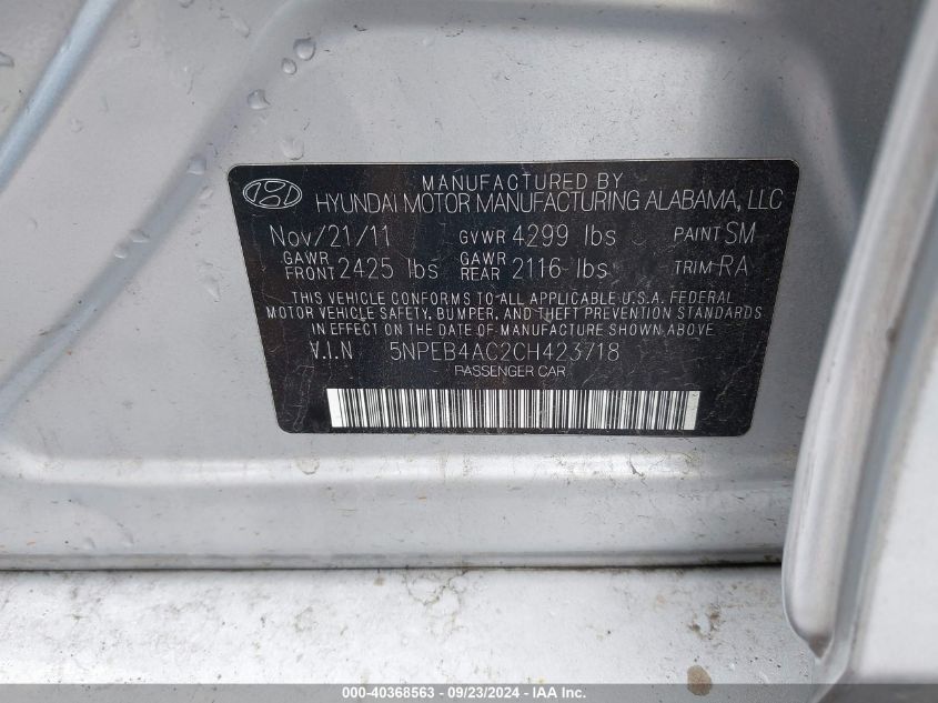 5NPEB4AC2CH423718 2012 Hyundai Sonata Gls