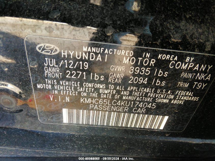 KMHC65LC4KU174045 2019 Hyundai Ioniq Hybrid Blue