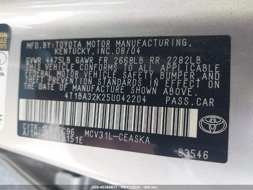 4T1BA32K25U042204 2005 Toyota Camry Se V6